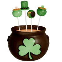 St. Patrick's day dessert Chocolate pot of gold cake with cake pop on transparent background, 3D Rendering png