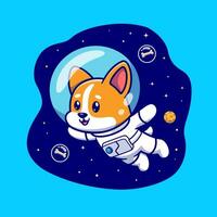 Cute Corgi Dog Astronaut Floating In Space Cartoon Vector Icon Illustration. Animal Science Icon Concept Isolated Premium Vector. Flat Cartoon Style