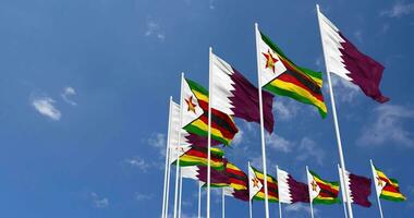 Zimbabwe and Qatar Flags Waving Together in the Sky, Seamless Loop in Wind, Space on Left Side for Design or Information, 3D Rendering video