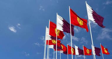 Kyrgyzstan and Qatar Flags Waving Together in the Sky, Seamless Loop in Wind, Space on Left Side for Design or Information, 3D Rendering video