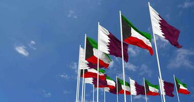 Kuwait and Qatar Flags Waving Together in the Sky, Seamless Loop in Wind, Space on Left Side for Design or Information, 3D Rendering video