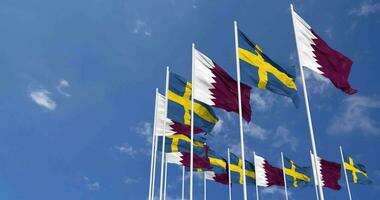 Sweden and Qatar Flags Waving Together in the Sky, Seamless Loop in Wind, Space on Left Side for Design or Information, 3D Rendering video