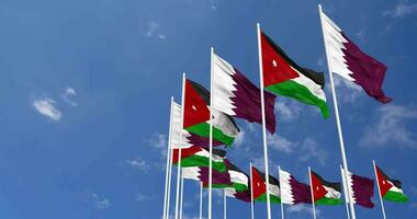 Jordan and Qatar Flags Waving Together in the Sky, Seamless Loop in Wind, Space on Left Side for Design or Information, 3D Rendering video