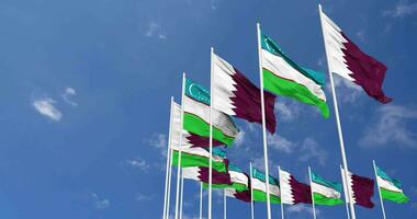 Uzbekistan and Qatar Flags Waving Together in the Sky, Seamless Loop in Wind, Space on Left Side for Design or Information, 3D Rendering video