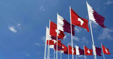 Switzerland and Qatar Flags Waving Together in the Sky, Seamless Loop in Wind, Space on Left Side for Design or Information, 3D Rendering video