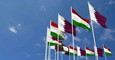 Tajikistan and Qatar Flags Waving Together in the Sky, Seamless Loop in Wind, Space on Left Side for Design or Information, 3D Rendering video