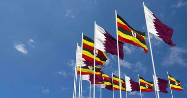 Uganda and Qatar Flags Waving Together in the Sky, Seamless Loop in Wind, Space on Left Side for Design or Information, 3D Rendering video