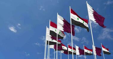 Syria and Qatar Flags Waving Together in the Sky, Seamless Loop in Wind, Space on Left Side for Design or Information, 3D Rendering video