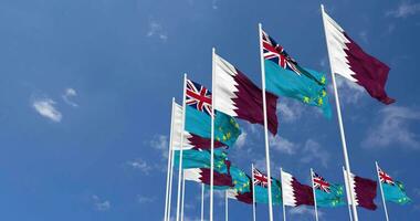 Tuvalu and Qatar Flags Waving Together in the Sky, Seamless Loop in Wind, Space on Left Side for Design or Information, 3D Rendering video