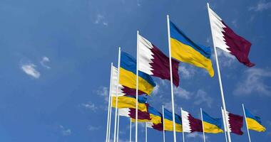 Ukraine and Qatar Flags Waving Together in the Sky, Seamless Loop in Wind, Space on Left Side for Design or Information, 3D Rendering video