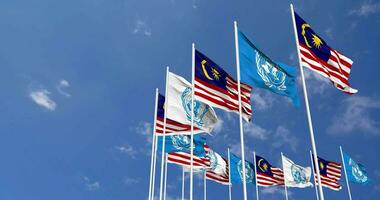 Malaysia and United Nations, UN Flags Waving Together in the Sky, Seamless Loop in Wind, Space on Left Side for Design or Information, 3D Rendering video