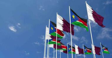 South Sudan and Qatar Flags Waving Together in the Sky, Seamless Loop in Wind, Space on Left Side for Design or Information, 3D Rendering video