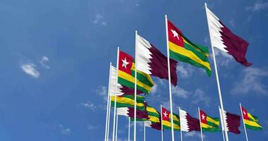 Togo and Qatar Flags Waving Together in the Sky, Seamless Loop in Wind, Space on Left Side for Design or Information, 3D Rendering video