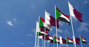 Sudan and Qatar Flags Waving Together in the Sky, Seamless Loop in Wind, Space on Left Side for Design or Information, 3D Rendering video