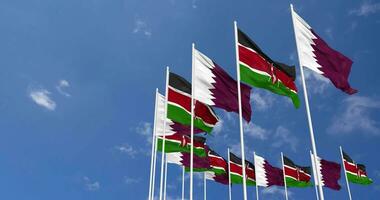 Kenya and Qatar Flags Waving Together in the Sky, Seamless Loop in Wind, Space on Left Side for Design or Information, 3D Rendering video