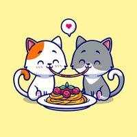 Cute Couple Cat Eating Spaghetti Together Cartoon Vector Icon Illustration. Animal Food Icon Concept Isolated Premium Vector. Flat Cartoon Style