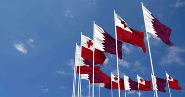 Tonga and Qatar Flags Waving Together in the Sky, Seamless Loop in Wind, Space on Left Side for Design or Information, 3D Rendering video