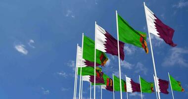 Zambia and Qatar Flags Waving Together in the Sky, Seamless Loop in Wind, Space on Left Side for Design or Information, 3D Rendering video