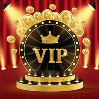 Casino podium vip. 3d retro casino podium. Podium with coins, crown and VIP. Casino scene, stage, studio or room. vector