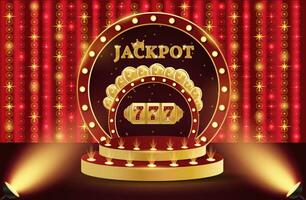 Casino jackpot podium. 3d retro casino podium. Podium with coins, slot machine and jackpot. Casino scene, stage, studio or room. vector