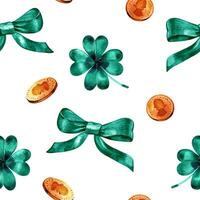 Cute seamless pattern with clover, ribbons and coins for print, fabric, postcard. Decoration for Irish holiday and Patrick Day. Digital watercolor illustration photo