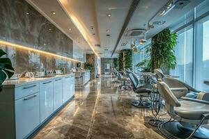 AI generated Elegant luxury dentistry clinic's interior, featuring modern, sleek dental chairs, ambient lighting, and high-end decor, creating a feeling of comfort and sophistication for patients photo