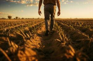 ai generado un granjero caminando a través de un campo de seco, agrietado tierra, un pala terminado su hombro, retratar el retos enfrentó por agricultura en árido regiones foto