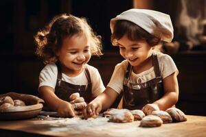 ai generado un niños Ayudar a preparar jalá en un hogar cocina. el escena es juguetón y atractivo, con niños amasadura el masa y harina en su narices foto