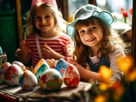 AI generated Candid children wearing bunny ears and painting Easter eggs, their faces lit up with smiles, capturing the innocence and happiness of Easter festivities photo