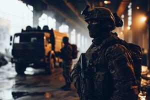 AI generated Two soldier of police special forces stand in a hangar for protect the area. photo