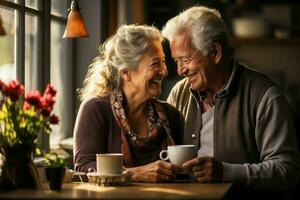 AI generated Candid senior couple savoring espresso in their cozy kitchen, with morning light streaming through the window, reflecting the comfort and intimacy of their daily routine photo