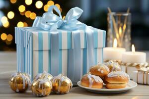 AI generated A box of Sufganiyot tied with a blue ribbon, alongside small Hanukkah gifts wrapped in festive paper. photo