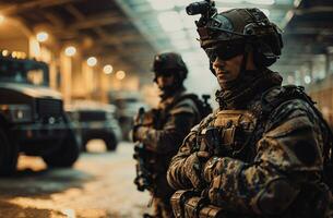 AI generated Two soldier of police special forces stand in a hangar for protect the area. photo