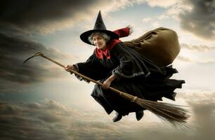 AI generated An old Befana joyfully flies on a broom, dressed in classic witch attire. The sky is overcast with dark clouds, creating a magical and mysterious atmosphere. photo