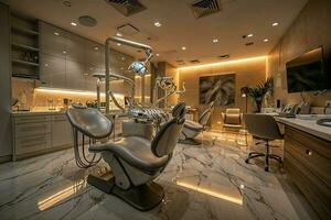 AI generated Elegant luxury dentistry clinic's interior, featuring modern, sleek dental chairs, ambient lighting, and high-end decor, creating a feeling of comfort and sophistication for patients photo