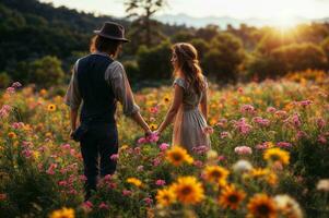AI generated A loving couple holding hands and looking at each other while standing in a field of wildflowers photo