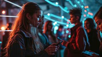 AI generated Vibrant scene of young people gathered in a modern, tech-inspired space, each engaged with their devices yet connected through a visible network of digital lines and social media symbols photo