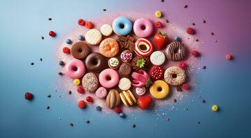 AI generated colored sweets on abstract background, colored candy on background, sweet cookies on colorful background, sweets wallpaper photo