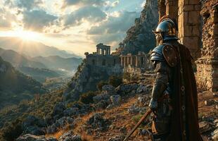 AI generated A armored Roman gladiator overlooking ancient Rome earth. Holding a sword and shield. photo