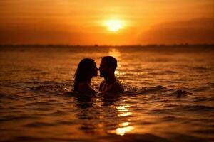 ai generado un sillita amoroso Pareja disfrutando un íntimo nadar a puesta de sol. foto