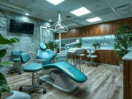 AI generated A dental treatment room in a luxury clinic, with advanced equipment, stylish furnishings, and a serene color palette, emphasizing the clinic's commitment to excellence and patient care photo