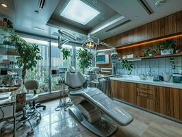 AI generated A dental treatment room in a luxury clinic, with advanced equipment, stylish furnishings, and a serene color palette, emphasizing the clinic's commitment to excellence and patient care photo