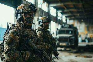 AI generated Two soldier of police special forces stand in a hangar for protect the area. photo