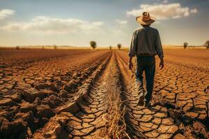 ai generado un granjero caminando a través de un campo de seco, agrietado tierra, un pala terminado su hombro, retratar el retos enfrentó por agricultura en árido regiones foto