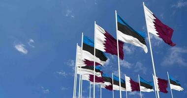 Estonia and Qatar Flags Waving Together in the Sky, Seamless Loop in Wind, Space on Left Side for Design or Information, 3D Rendering video