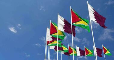 Guyana and Qatar Flags Waving Together in the Sky, Seamless Loop in Wind, Space on Left Side for Design or Information, 3D Rendering video