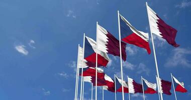 Czech Republic and Qatar Flags Waving Together in the Sky, Seamless Loop in Wind, Space on Left Side for Design or Information, 3D Rendering video
