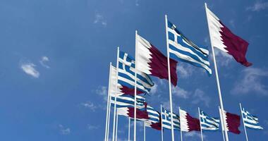 Greece and Qatar Flags Waving Together in the Sky, Seamless Loop in Wind, Space on Left Side for Design or Information, 3D Rendering video