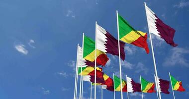Congo and Qatar Flags Waving Together in the Sky, Seamless Loop in Wind, Space on Left Side for Design or Information, 3D Rendering video