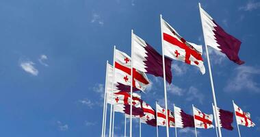 Georgia and Qatar Flags Waving Together in the Sky, Seamless Loop in Wind, Space on Left Side for Design or Information, 3D Rendering video